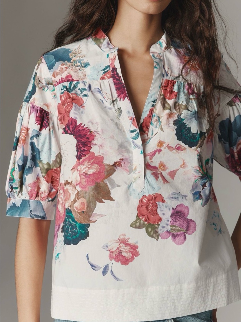 Floral Darcey Popover Blouse - White with Multicolor Floral Print